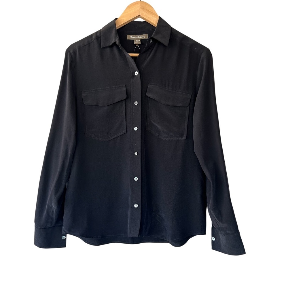 Tommy Bahama June Silk Cargo Pocket Shirt Button Down Black Blouse NWT - XXS